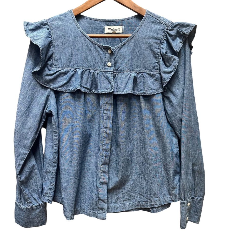 Madewell Blouse Ruffle Chambray Button Down Cottagecore Boho Peasant Size M